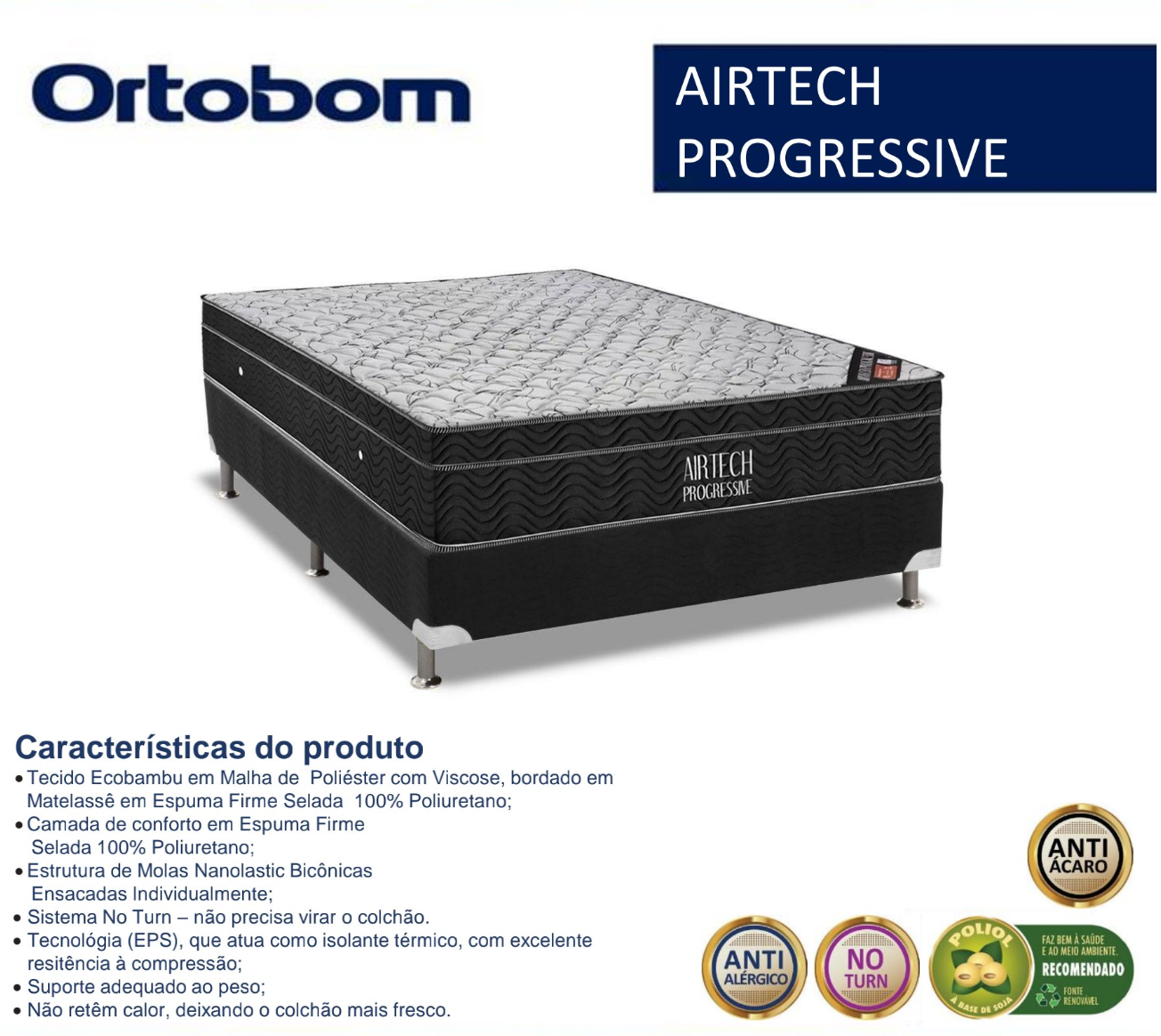 Colchão Ortobom Airtech Progressive, molas Nanolastic bicônicas