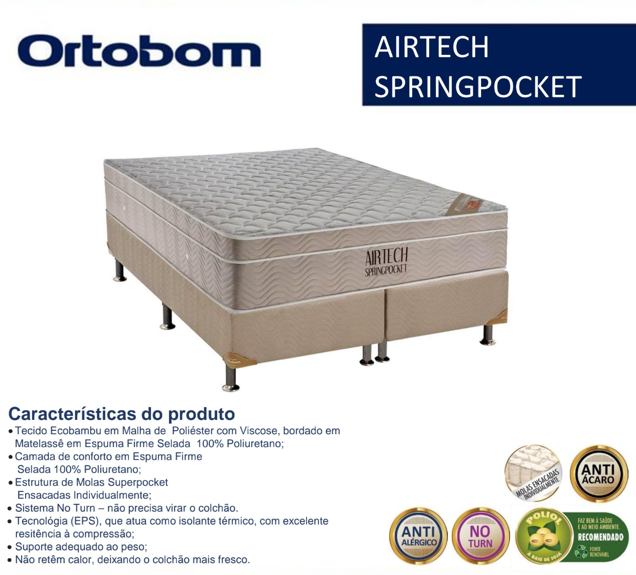 Colchão Ortobom Airtech Springpocket, molas Superpocket e espuma firme selada