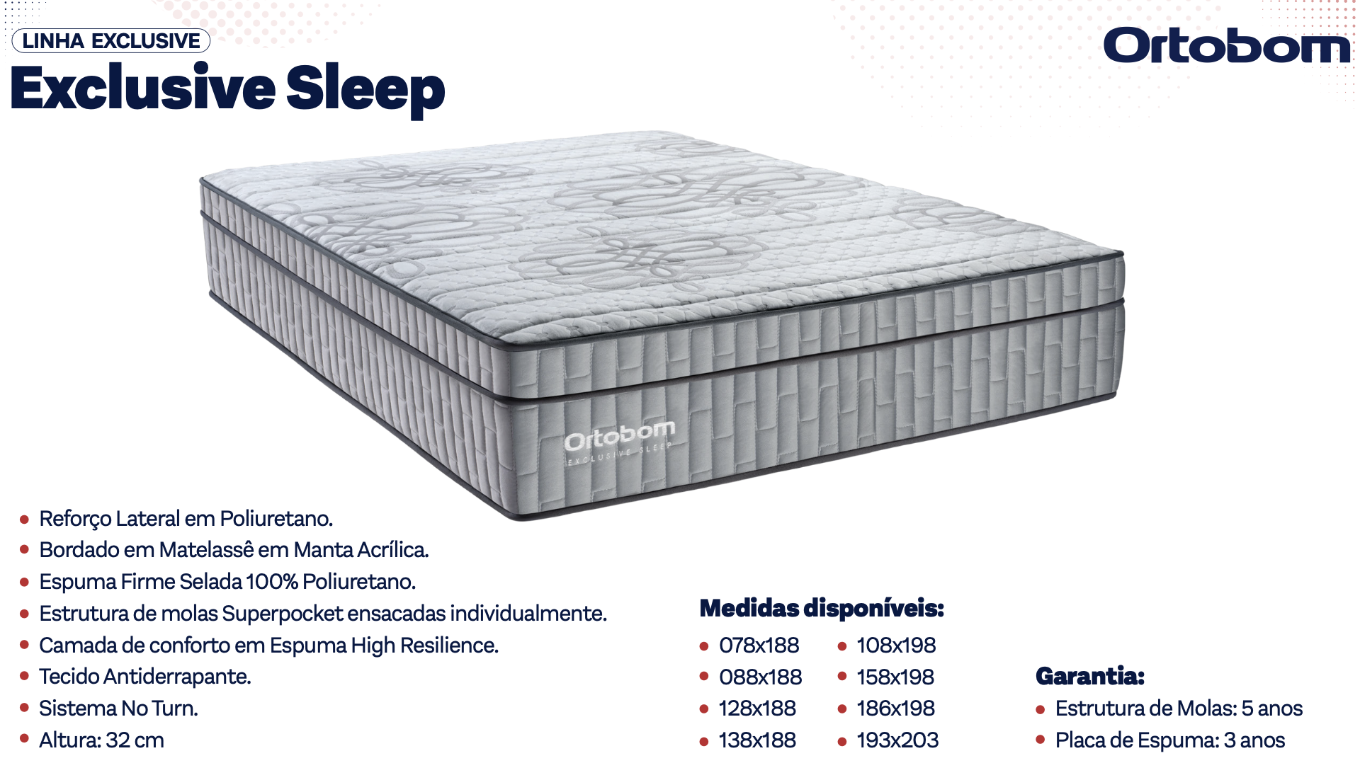 Colchão Ortobom Exclusive Sleep, molas Superpocket e espuma High Resilience