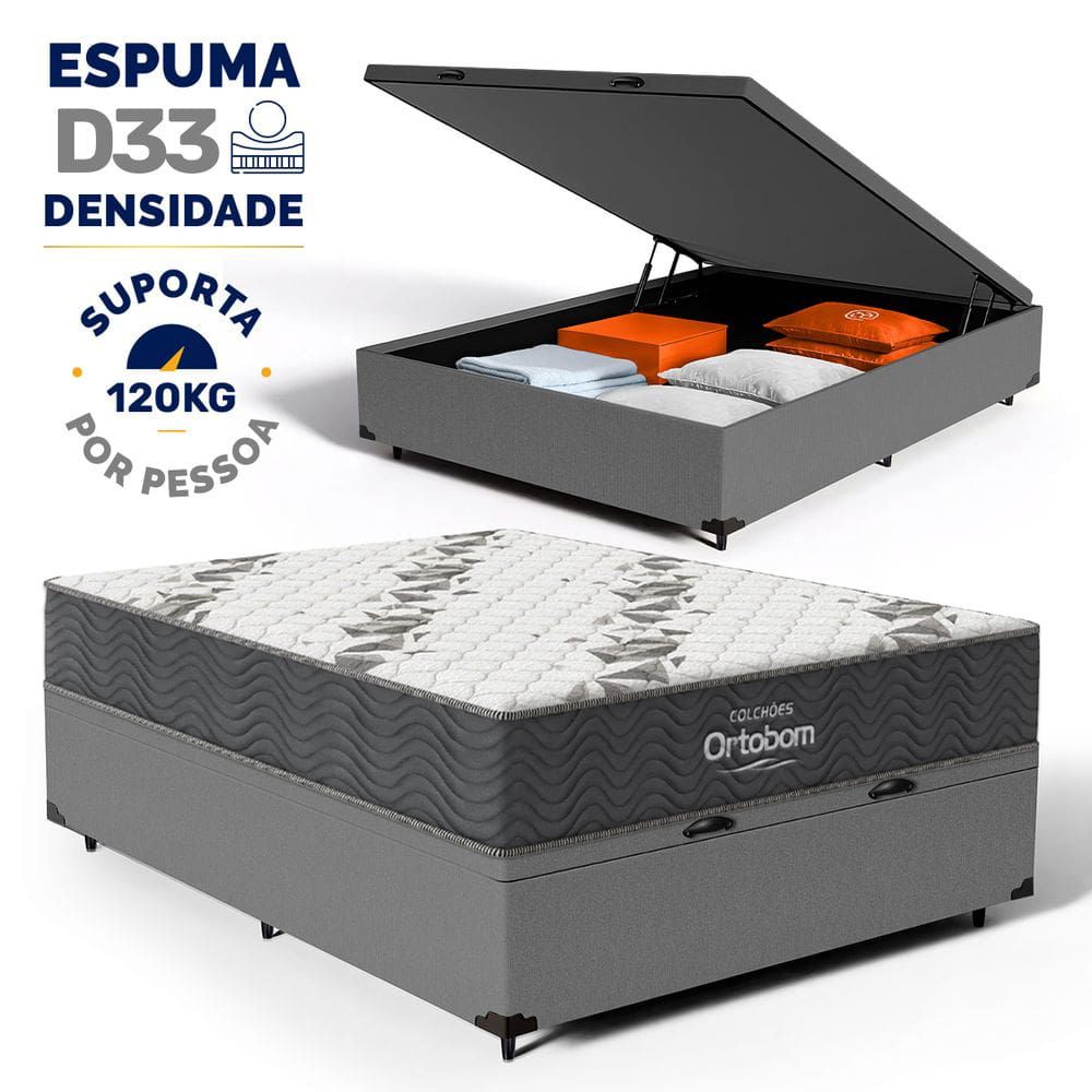 Conjunto cama baú com colchão Ortobom – espuma D33, suporta 120 kg por pessoa
